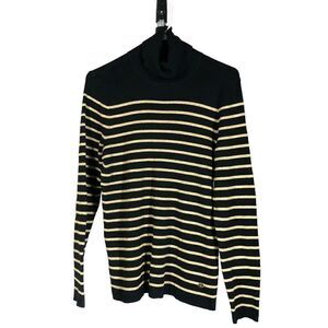 Lauren RALPH LAUREN Black Ribbed Turtleneck Gold Stripes Sz XL